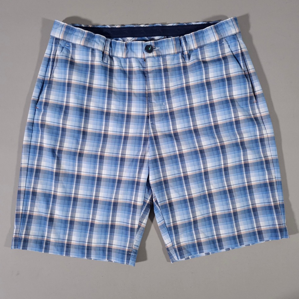 Tommy Bahama Plaid Shorts Mens 36 Blue Recycled Polyester Stretch Golf